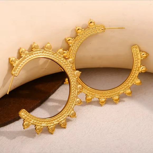 18K Gold Sunburst Hoop Earrings Stainless Steel